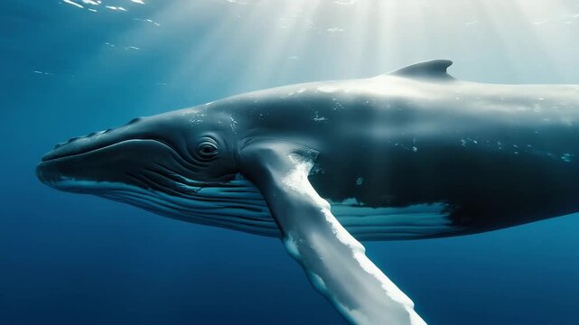 Massive whale peacefully swimming underwater in clear ocean, with sunlight beams shining through surface and deep calm mood.