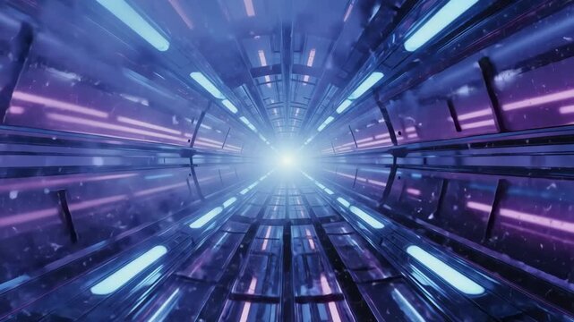 Sci-fi digital tunnel with bright neon beams and motion blur creating a fast, high-tech visual effect in perspective.