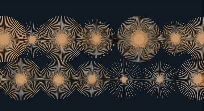 Elegant gold sunbursts create a sophisticated abstract pattern on a dark navy background
