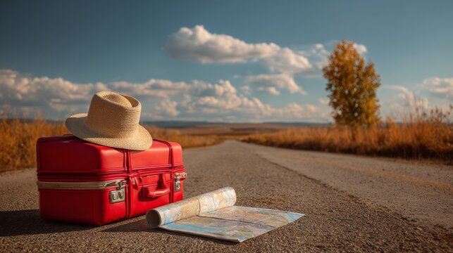Red suitcase with straw hat and travel map placed on rural countryside road symbolizing vacation journey, summer holiday adventure, and outdoor travel concept