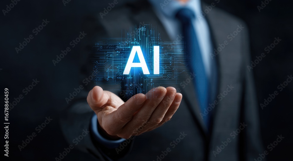 Wall mural man in suit presenting ai concept - artificial intelligence and future tech.