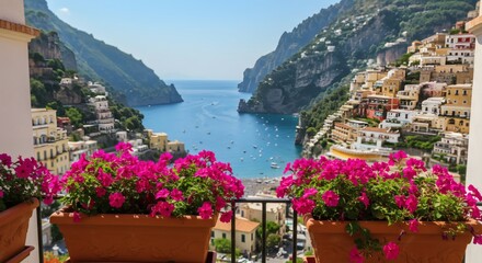 Positano Dreams Balcony Blooms Overlook Amalfi Coasts Turquoise Waters.