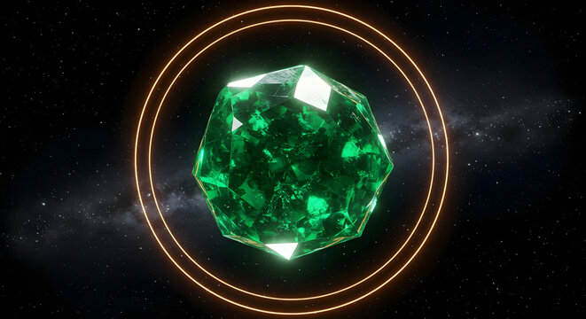 Green Crystal Object Floating in Outer Space with Glowing Rings