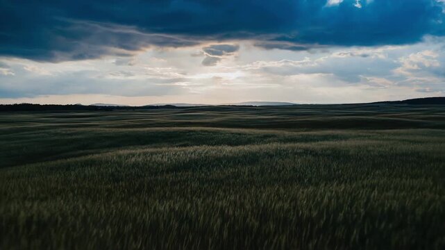 Large green field illuminated by warm glowing sunset light.