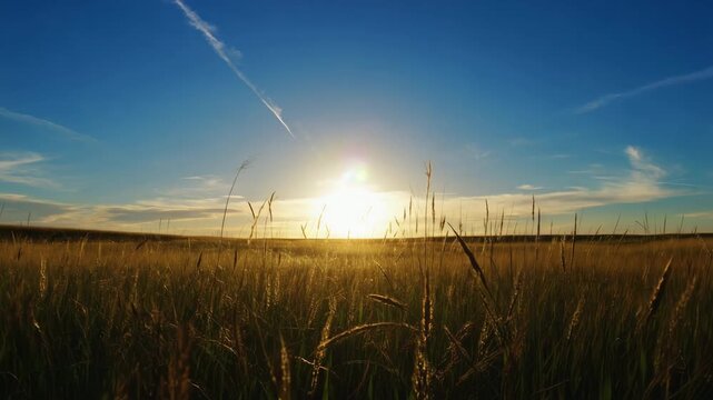 Warm golden sunset lighting up a vast wheat field with horizon view.