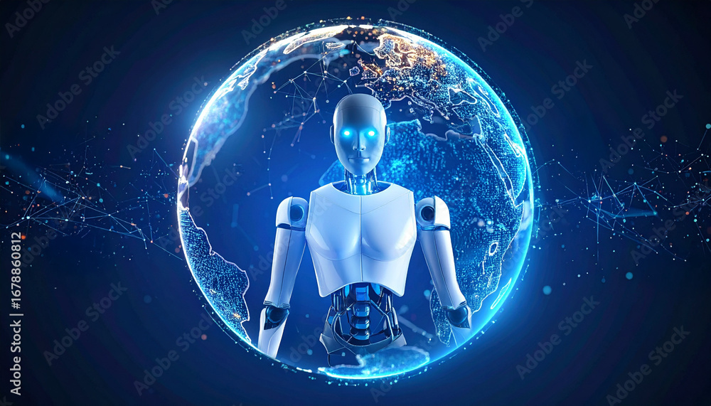 Poster a futuristic robot standing in front of a glowing globe, symbolizing the future of technology and ar