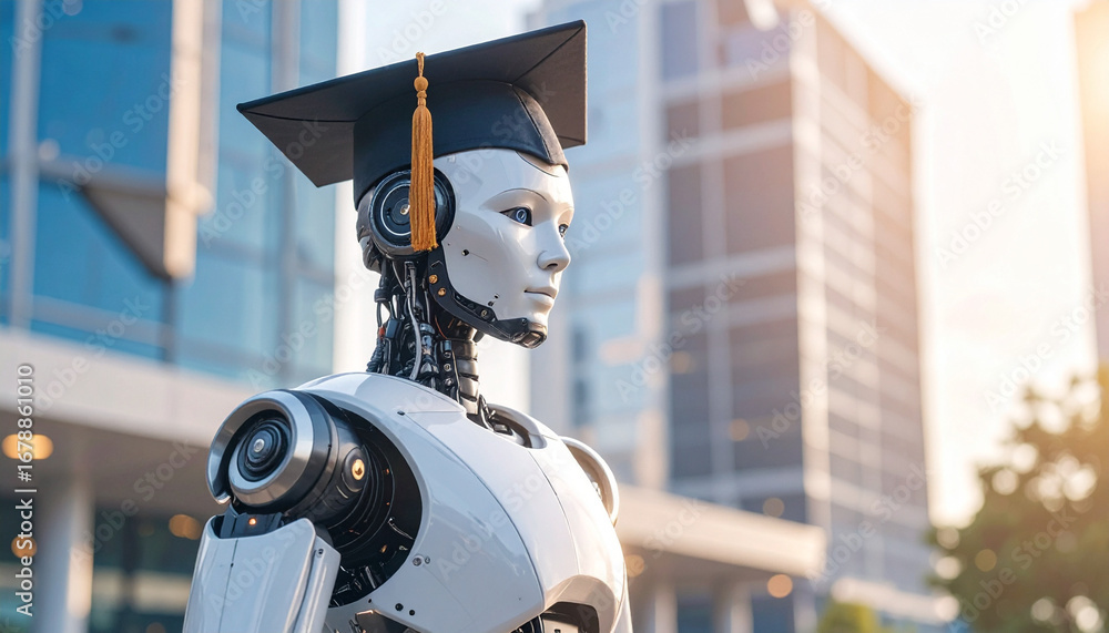 Poster a humanoid robot wearing a graduation cap in front of a modern building, symbolizing artificial inte