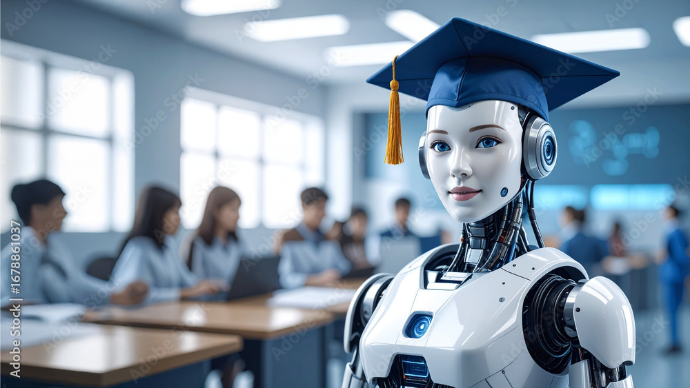 Poster an ai robot student wearing a graduation cap is in a classroom setting. the robot is the center of a