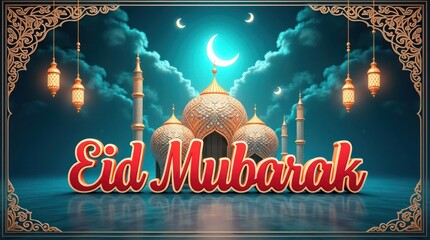 Islamic Eid Mubarak greeting with mosque and crescent moon lanterns