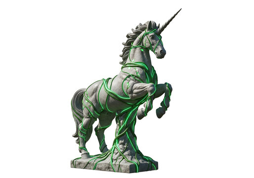 A stylized, light-grey unicorn statue, highlighted by vibrant green vines, embodies a fantastical and ethereal mood.