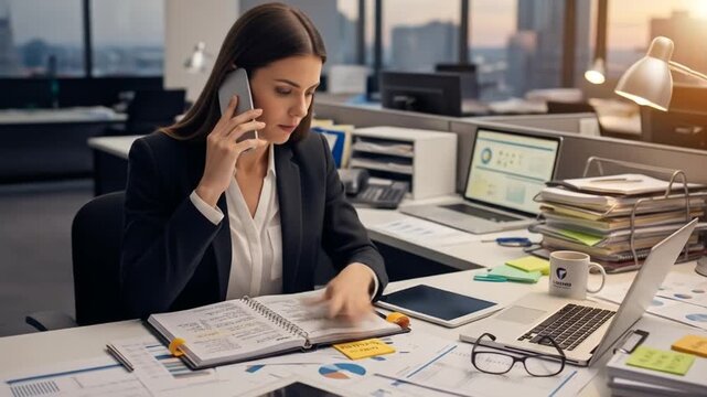 Professional woman on phone reviewing documents in office