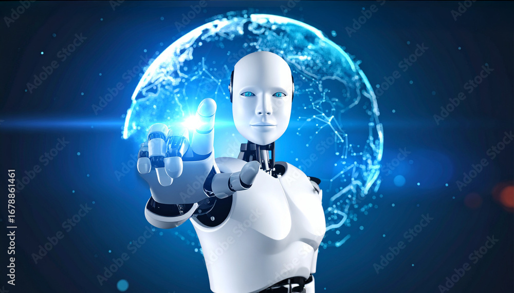 Poster a futuristic robot interacting with a glowing world map