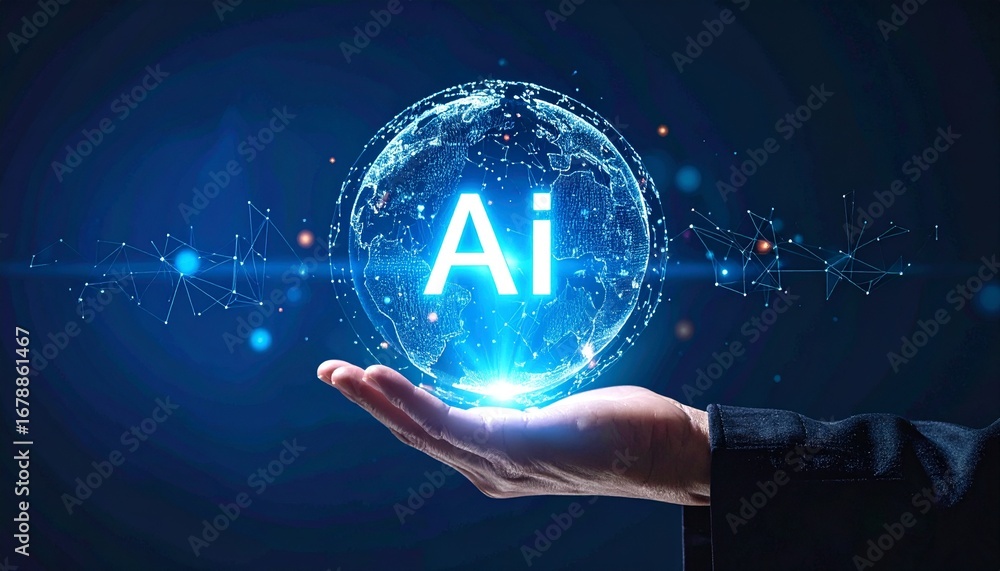 Poster a digital representation of ai technology held in the open palm of a person's hand, showcasing the c