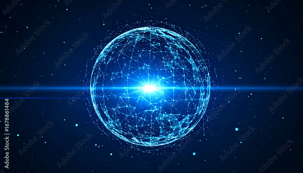 Poster an illuminated sphere constructed of interconnected lines and points, suggesting a complex network o