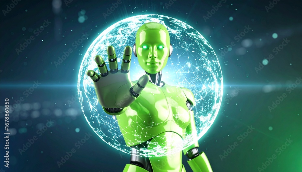 Poster a futuristic green robot extends its hand in front of a globe. the robot is designed with human-like