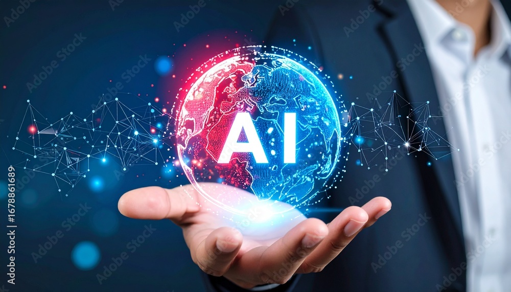 Poster innovative artificial intelligence concept: a person hand hold a digital ai sphere, the globe with c