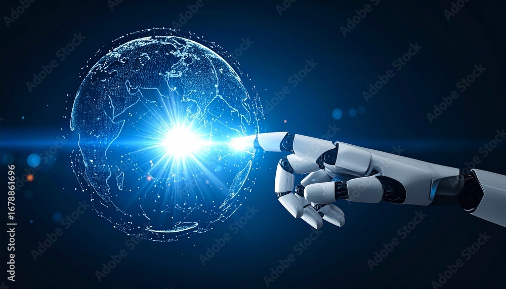 Poster a robot's hand interacting with a glowing digital globe, symbolizing artificial intelligence and glo