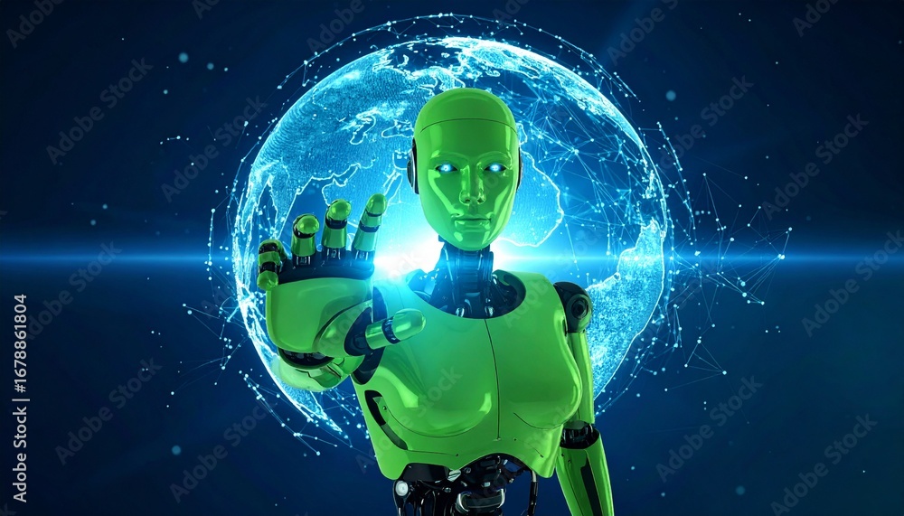 Aufkleber a futuristic robot with a green appearance is seen against a backdrop of a globe, with its hand exte