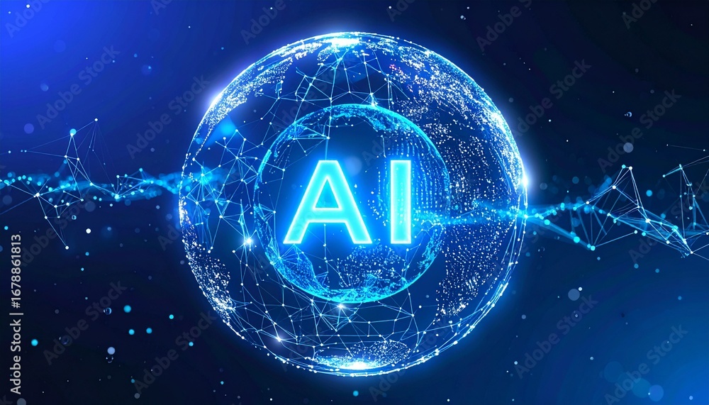 Poster ai text design is in the centre of a transparent digital sphere, with network connections floating a