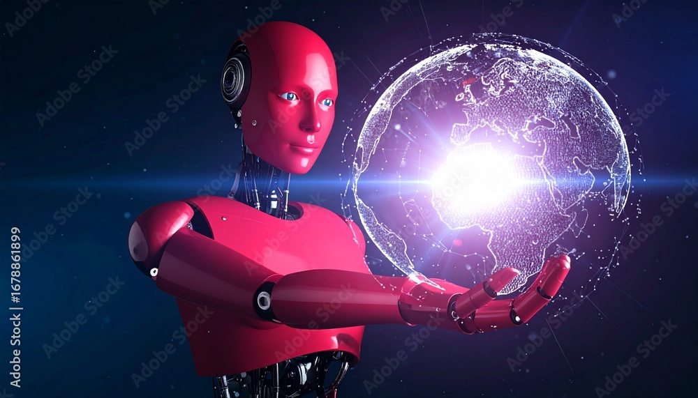 Poster a captivating robot with glowing globe, symbolizing technology's power and human connection. the rob