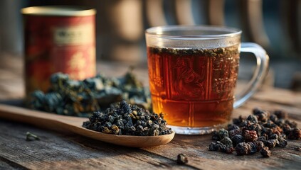 Dried tea leaves, a cup of tea, and tin