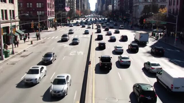 Busy traffic flow on urban street city center aerial view daytime modern transportation dynamics