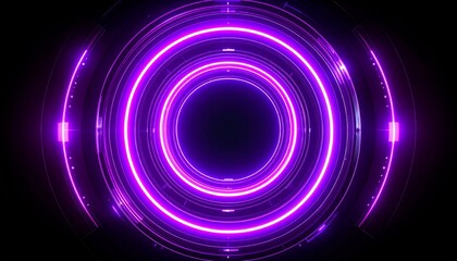 Abstract purple neon circles glowing in the dark.  The concentric rings create a futuristic, technological feel.