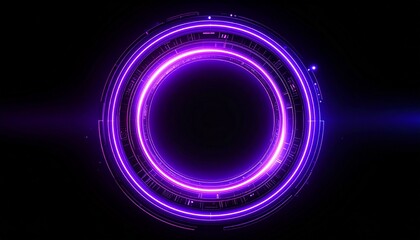 Neon-lit concentric circles glowing with purple light against a black background. The futuristic design creates a sense of digital innovation and high technology. 