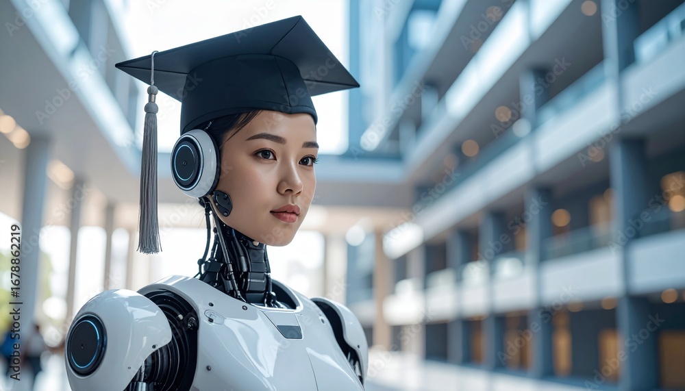 Poster an ai robot wearing a graduation cap and looking forward at the university background, representing 