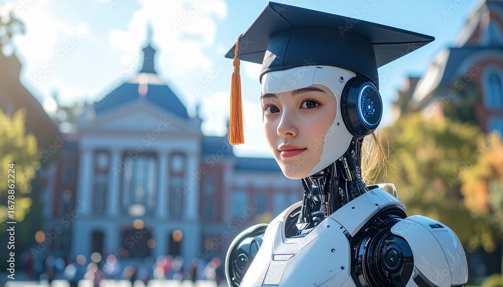 Poster a futuristic robot graduate wearing a mortarboard in front of a blurred university building. the rob