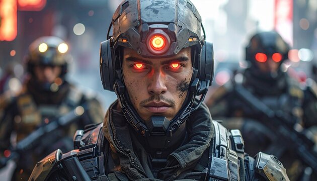 A determined soldier with glowing red eyes and high-tech gear looks directly at the viewer, with blurred figures in the background, creating a sense of a dystopian environment