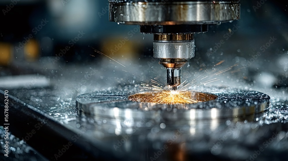 Poster metal processing is being done with a cnc machine creating sparks while drilling a metal part using 