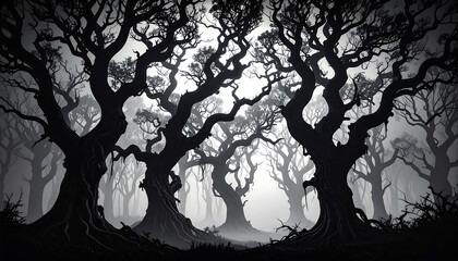 A grayscale, mystical forest with gnarled trees