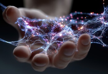 Futuristic digital network glowing in a human hand.