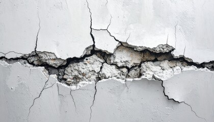 Severe damage to a white concrete wall, revealing structural cracks.