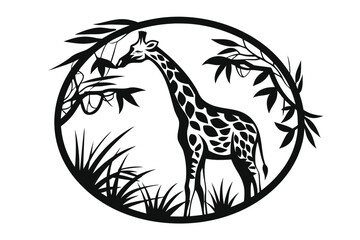 Giraffe Silhouette Wildlife, Tropical Vegetation, Black Outline on White Background © SWORNALY