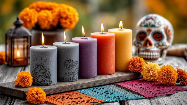 Colorful candles arranged on a wooden table with marigold flowers and papel picado. A decorative skull is present, symbolizing the Day of the Dead celebration in November.