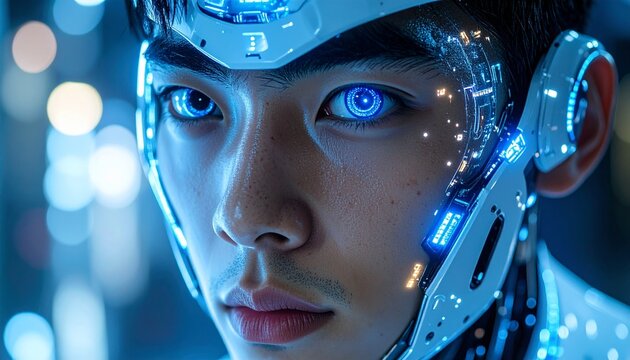 A futuristic portrait of a person with cybernetic enhancements, gazing intently at the viewer. The close-up showcases advanced technology integrated with human features.