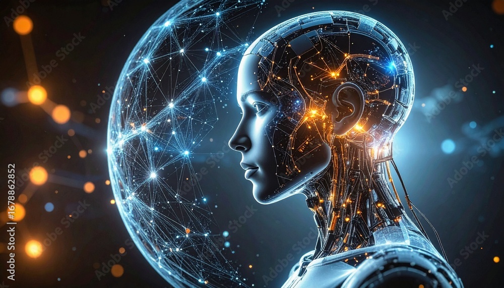 Poster a stunning visual representation of a futuristic artificial intelligence. a metallic cyborg face is 