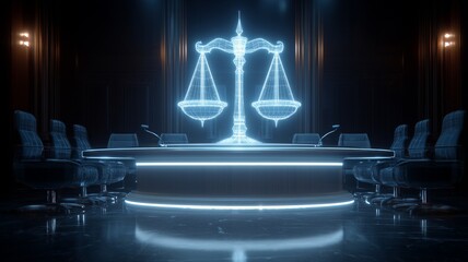 Futuristic AI courtroom with glowing scales of justice and advanced technology in a sleek environment