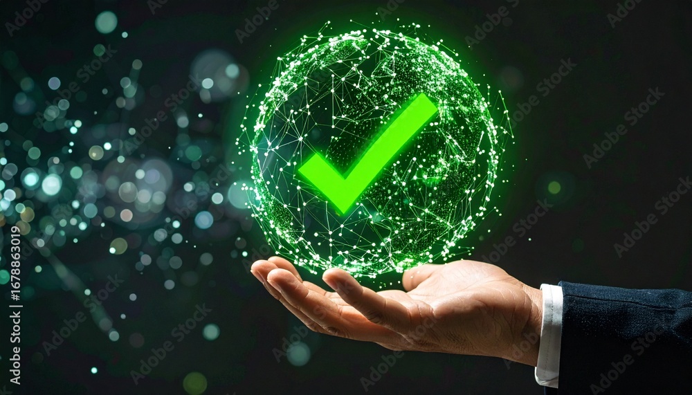 Poster a hand holding a digital glowing check mark, representing approval and validation. the image feature
