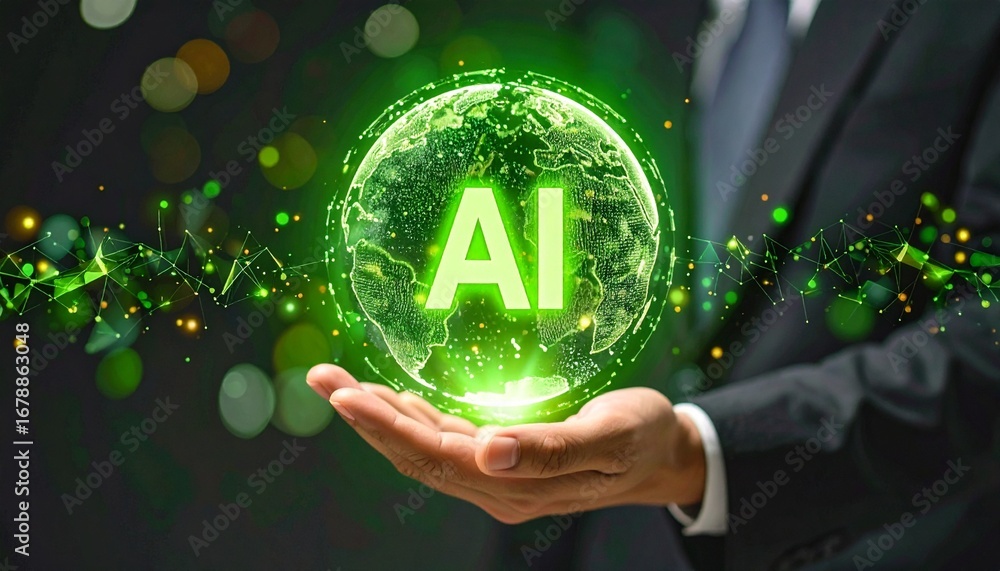Poster a person holds a luminous globe with the letters ai, symbolizing the convergence of artificial intel