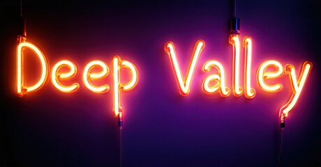 Bright neon sign displays Deep Valley. Orange glow contrasts purple background. Simple design, modern aesthetic. Minimalist presentation.