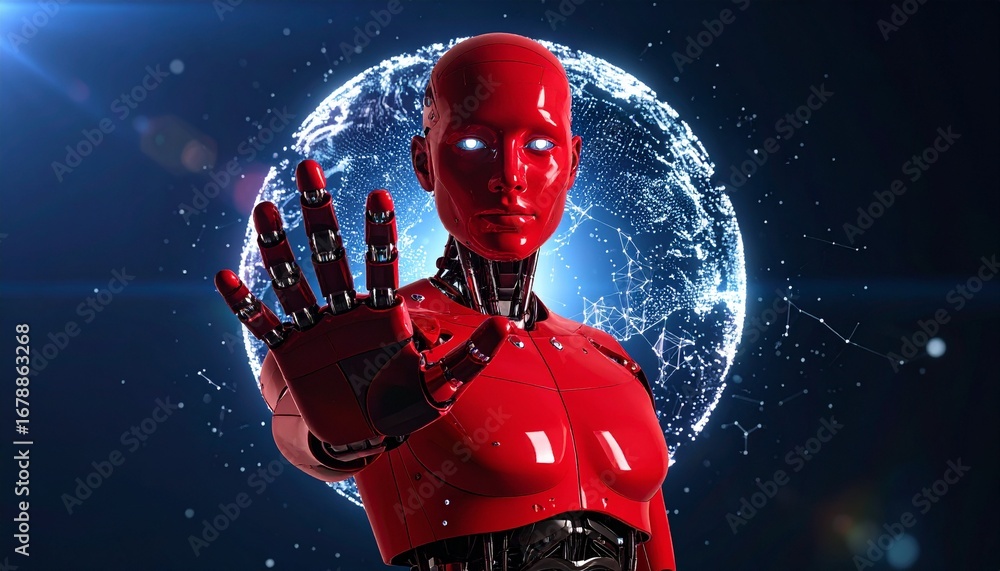 Poster a futuristic red robot making a stop gesture, with a blurred image of the world in the background. t