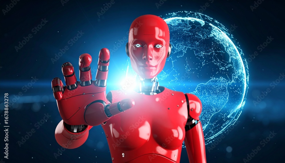 Poster futuristic robotic figure extending a hand with a digital world globe background, symbolizing artifi