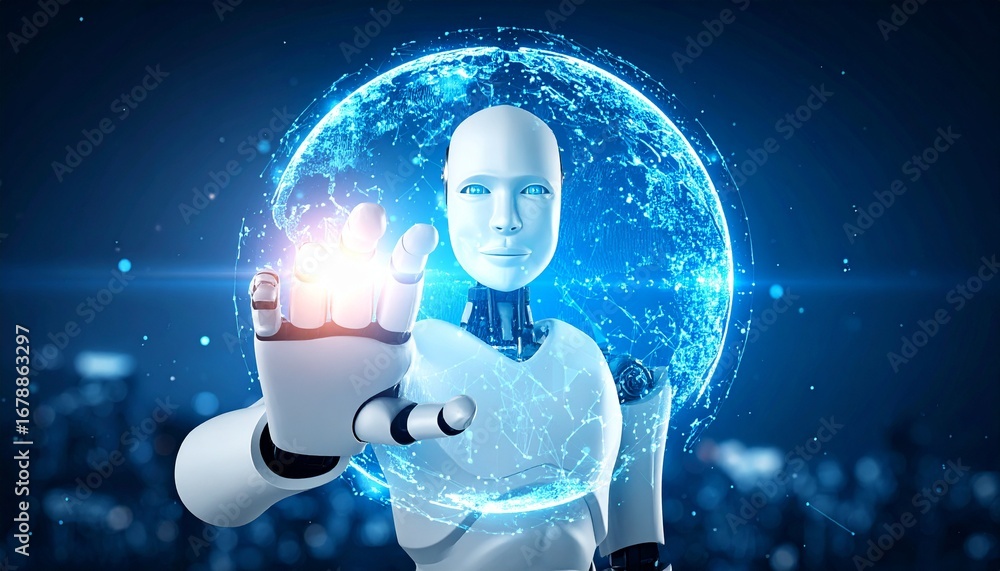 Poster a futuristic humanoid robot interacts with a glowing digital globe, exploring the concepts of artifi