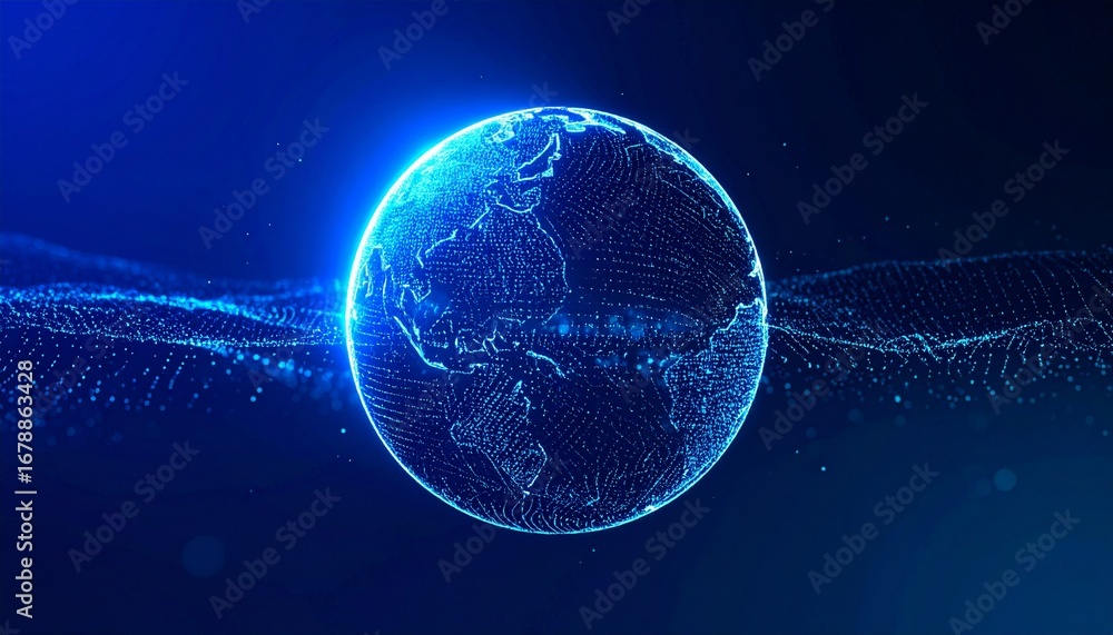 Poster a digital rendering of the globe, showcasing a network of connections, representing global communica