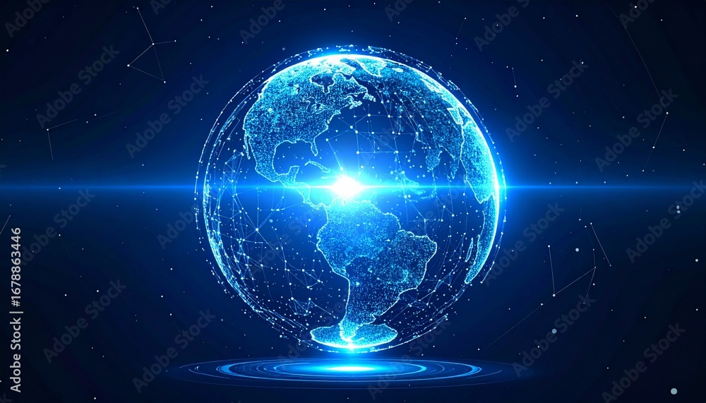 Poster a digital representation of planet earth, glowing and connected with a network of lines and dots, sh