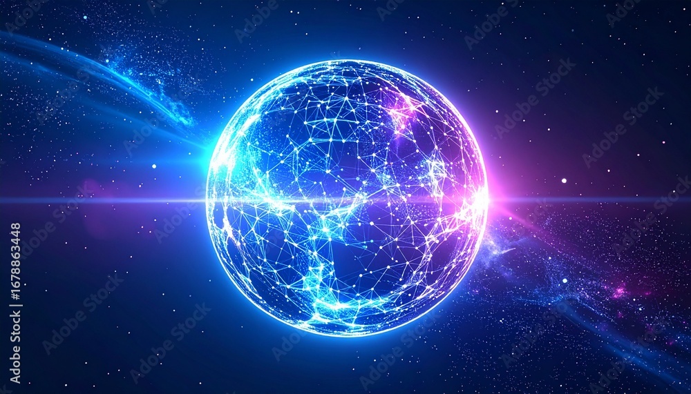 Poster an abstract representation of a luminous sphere with a network of interconnected nodes against a bac