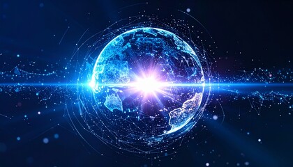 A brilliant glowing earth with an abstract digital network. The planet is illuminated by a central burst of light with network connection lines around it. 